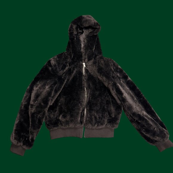 Chelsea Luxe Faux Fur Zip-Up Hoodie Jacket in Black Cozy Streetwear (Size L) - Picture 2 of 7